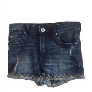 Stylish Blue Denim Shorts with Embroidered Hem